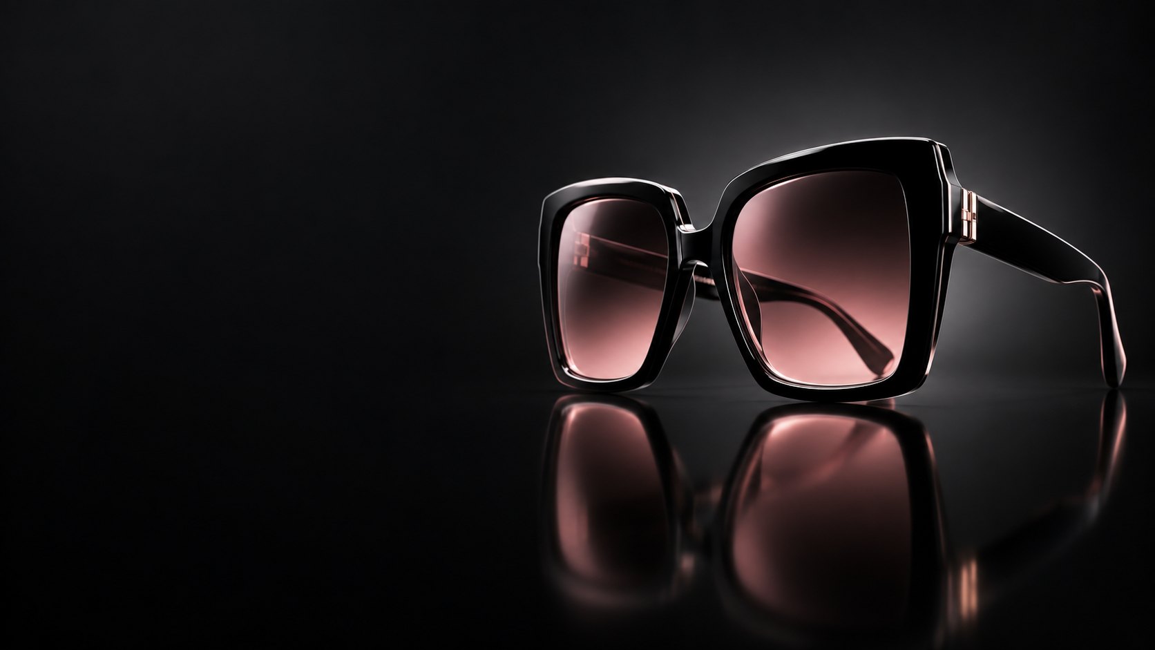 Madison Manhattan Rose sunglasses: an oversized black acetate frame with rose-tinted lenses, lit against black